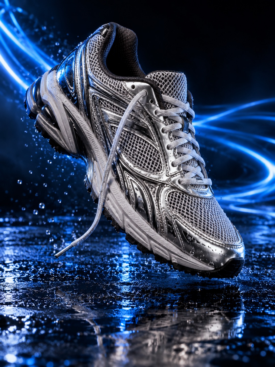 Starting image: Original silver running shoe with blue light trails