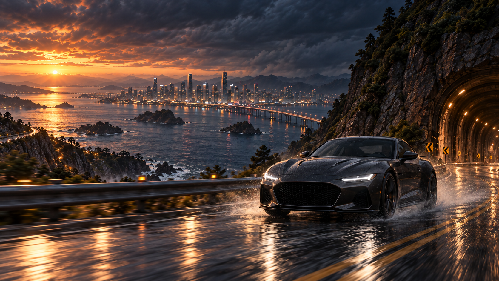 Starting image: A world beyond the bend: an original graphite coupe on a wet road in a fictional coastal city