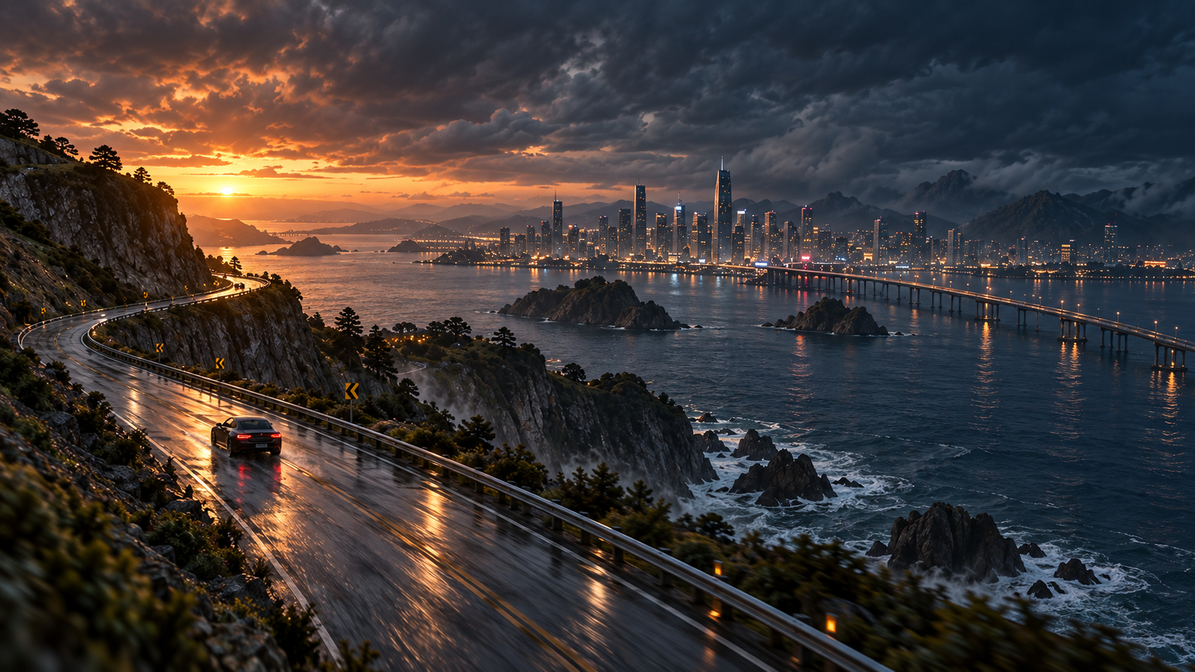 Starting image: The road into the city: an original graphite coupe on a wet road in a fictional coastal city