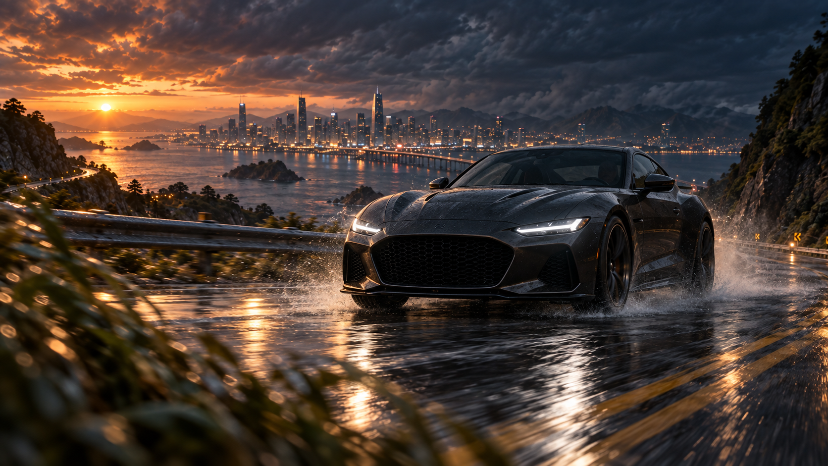 Starting image: Meet the moment: an original graphite coupe on a wet road in a fictional coastal city