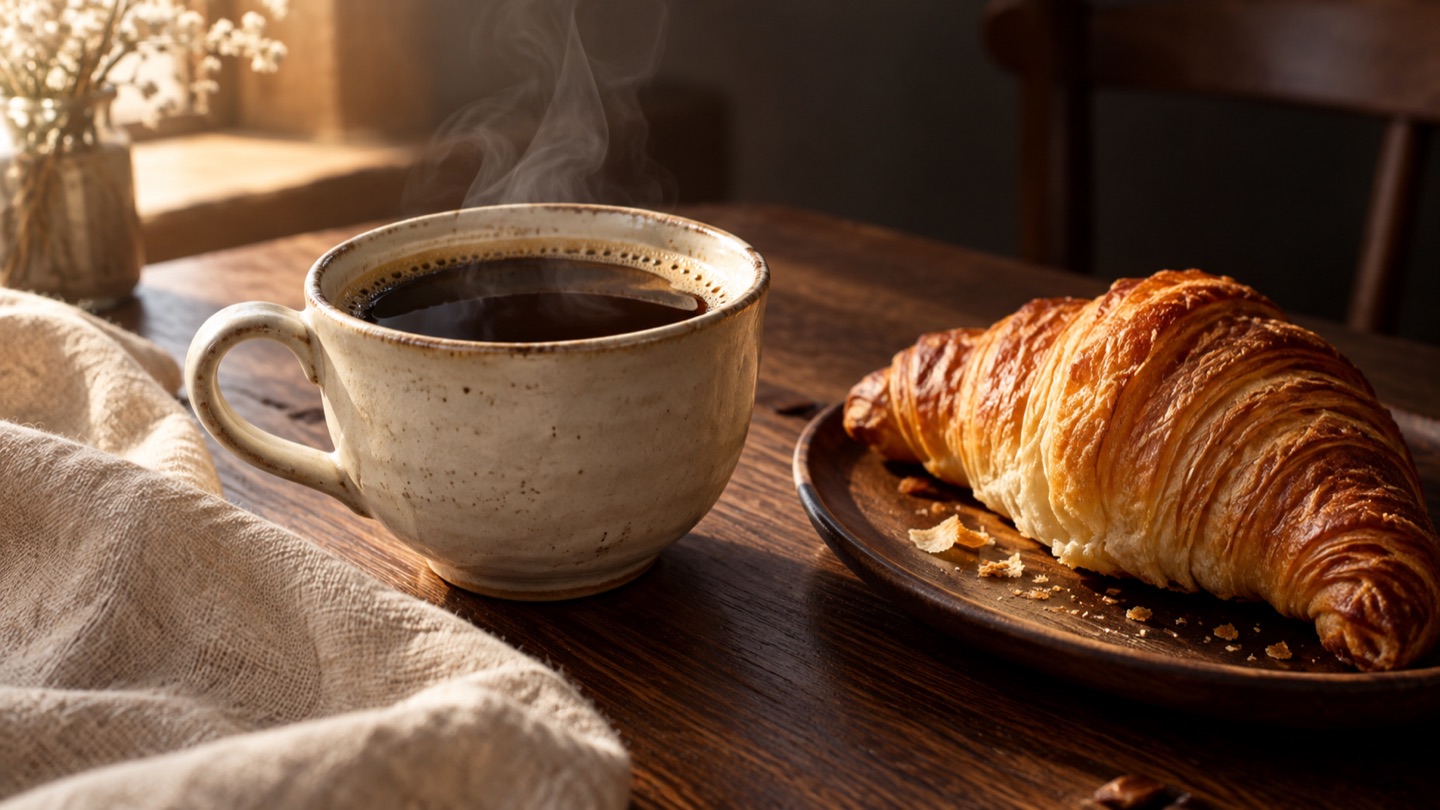 Starting image: An original ivory coffee cup and golden croissant in warm sunlight