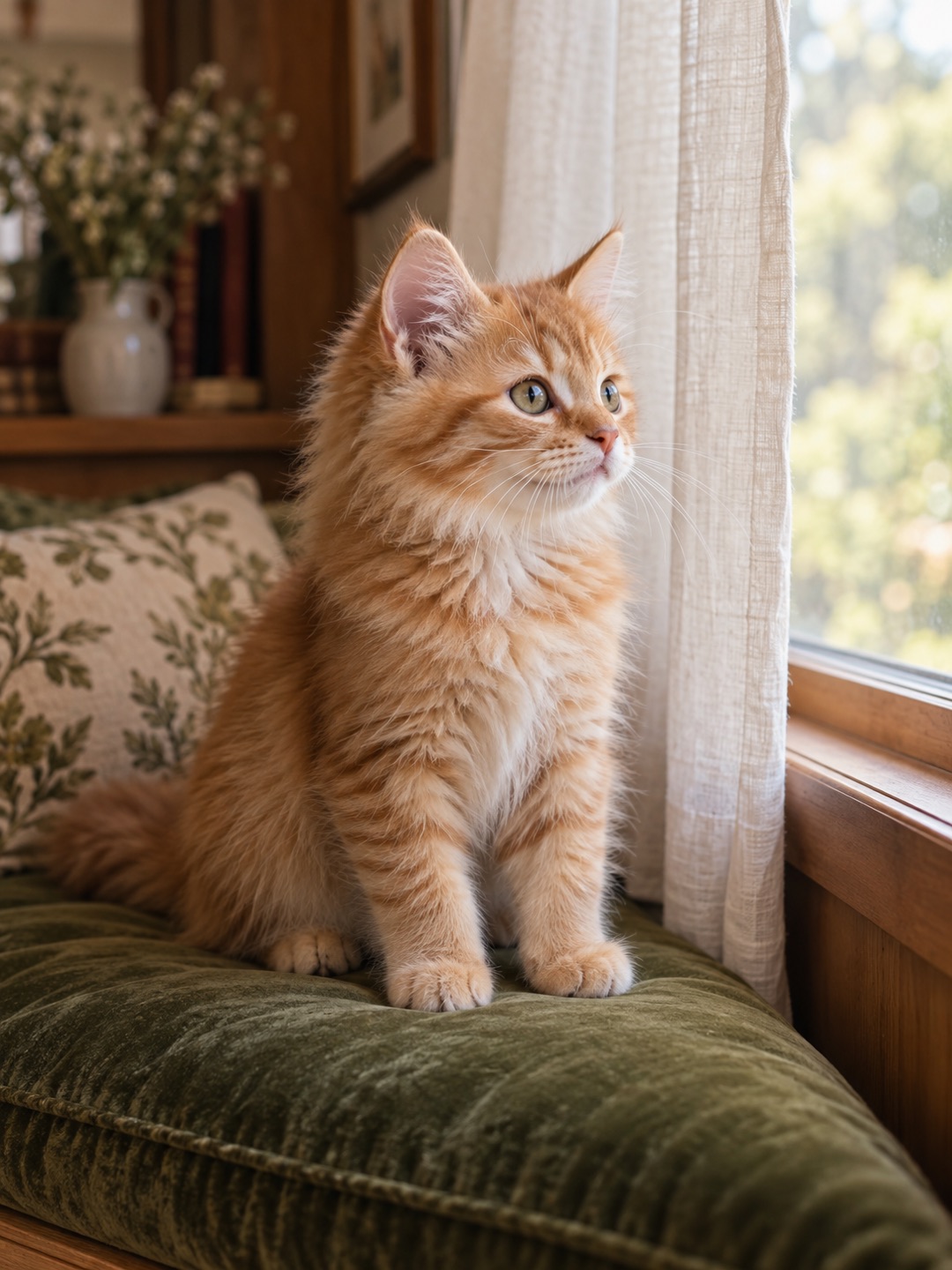 Starting image: Original ginger kitten on a moss-green window seat