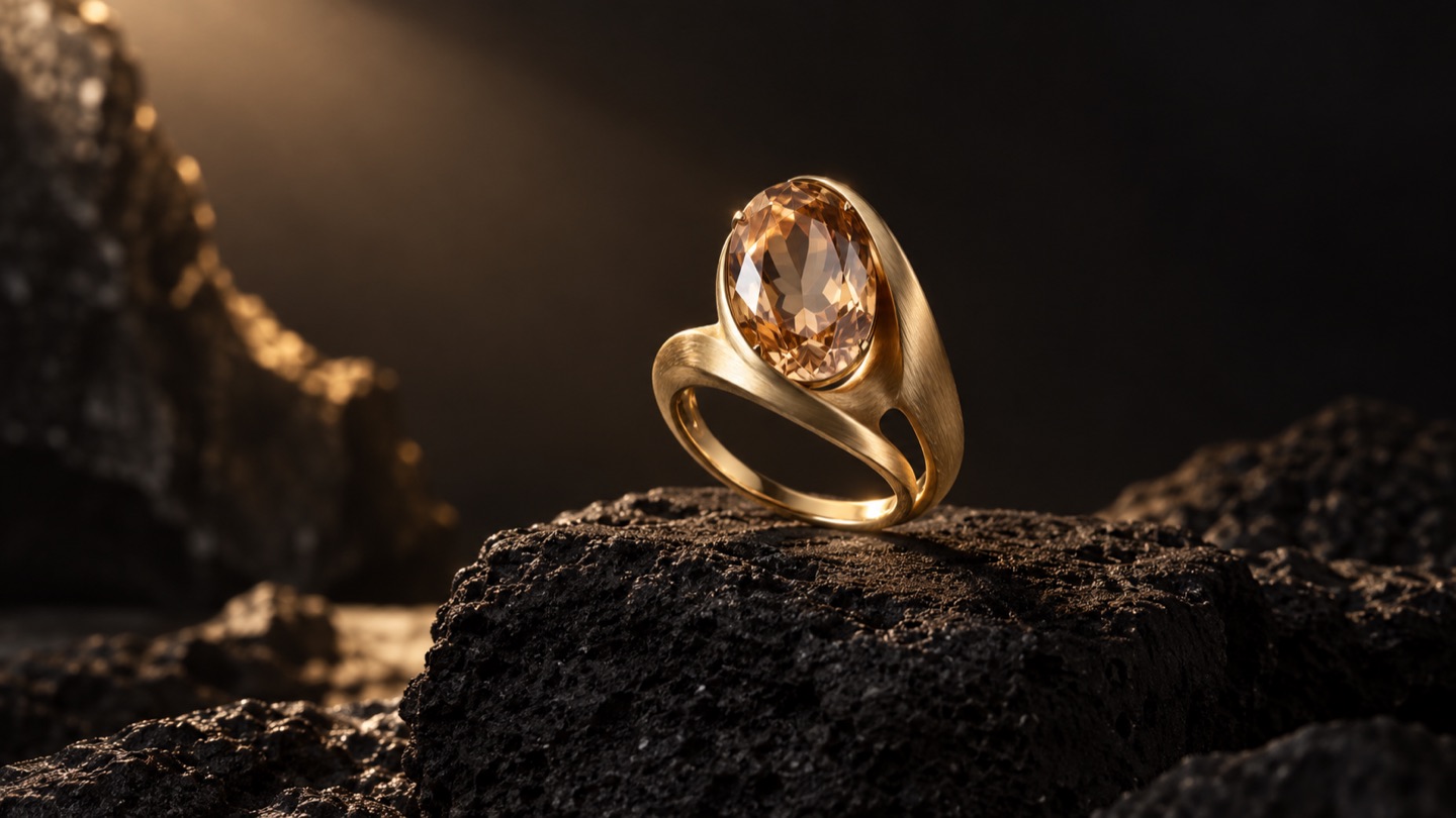 Starting image: An original gold ring with a champagne gemstone on dark volcanic stone