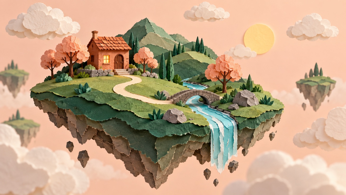 Starting image: Original cut-paper cottage, layered green hills and a turquoise stream