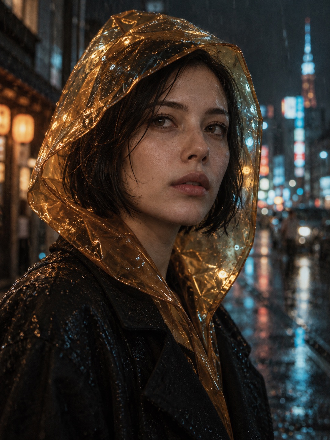 Starting image: Fictional adult woman in a translucent amber rain hood at night