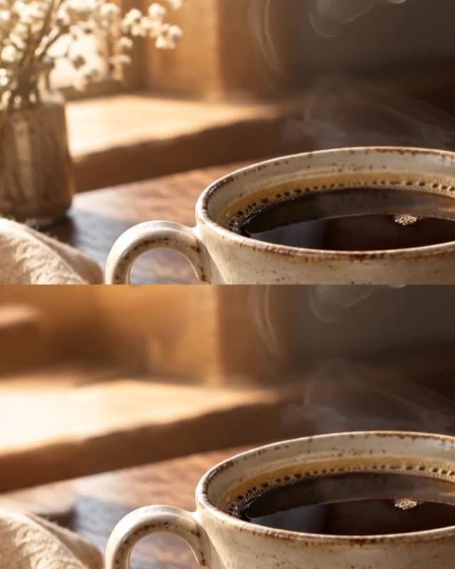 Above: the original frame with a glass vase of white flowers by the window; below: the vase removed and the window sill filled in, the cup unchanged