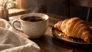 A GIF made on this page: a steaming cup of coffee next to a croissant
