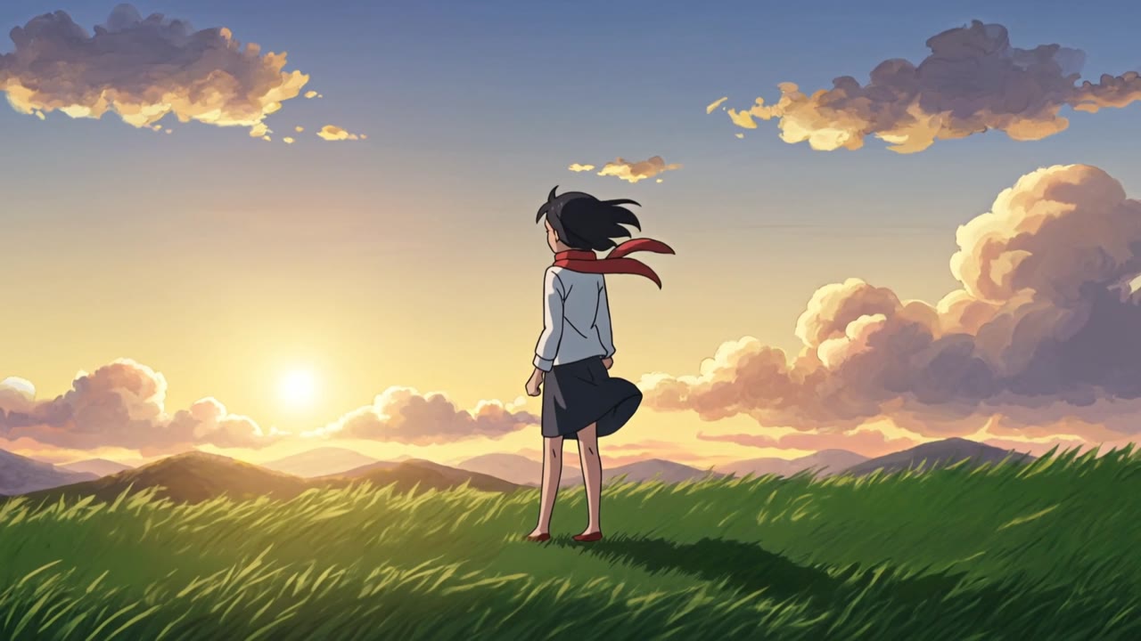 An original anime character with a red scarf standing on a grassy hilltop at sunset