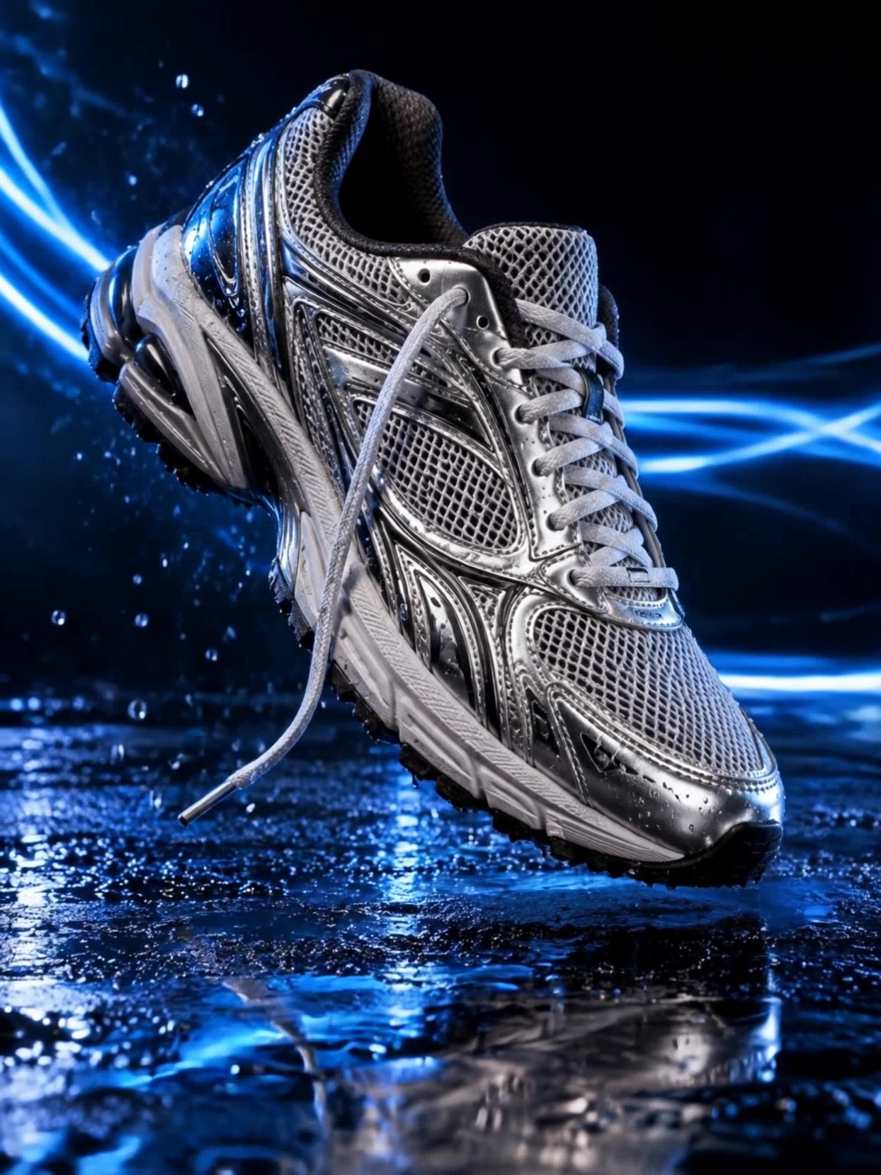 Original silver running shoe with blue light trails