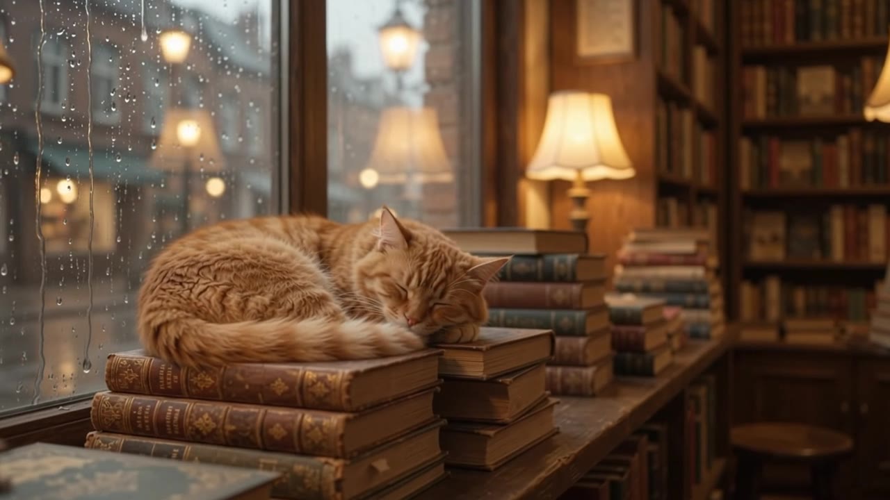 雨夜书店窗边，一只橘猫睡在书堆上