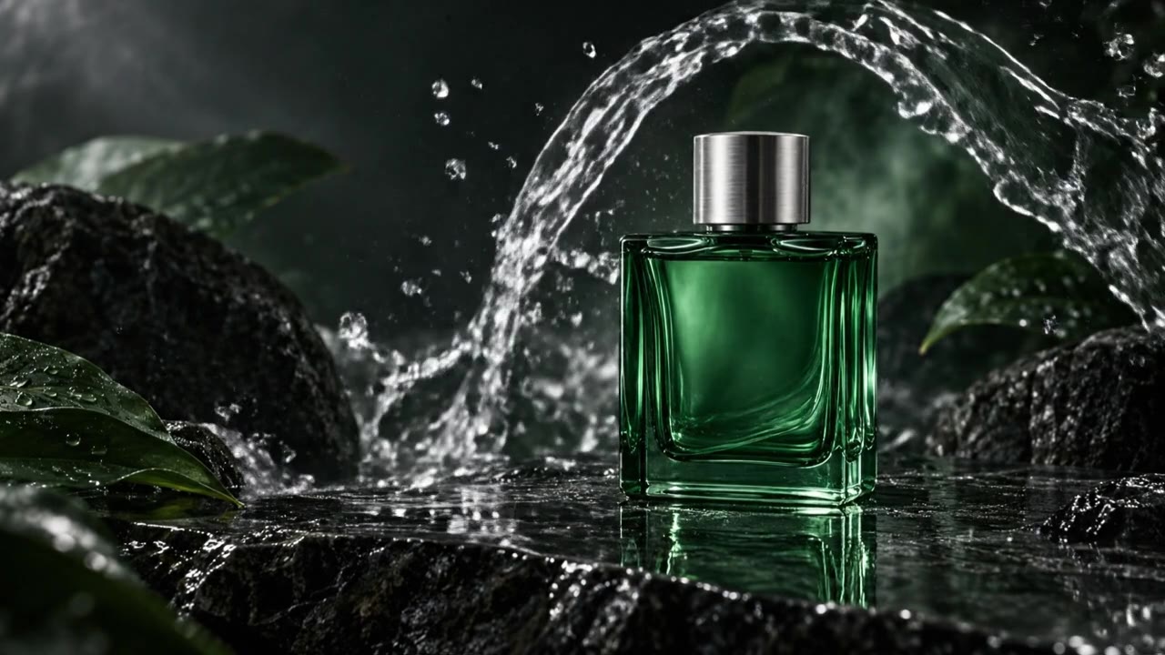 Close view of an original emerald perfume bottle for a final frame