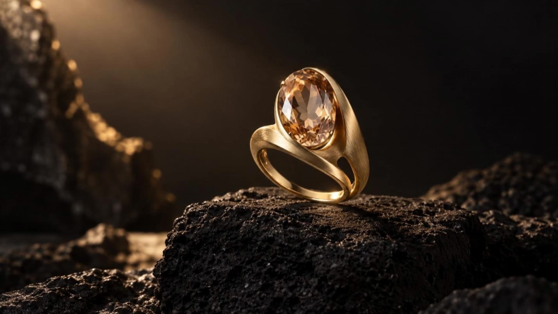 An original gold ring with a champagne gemstone on dark volcanic stone