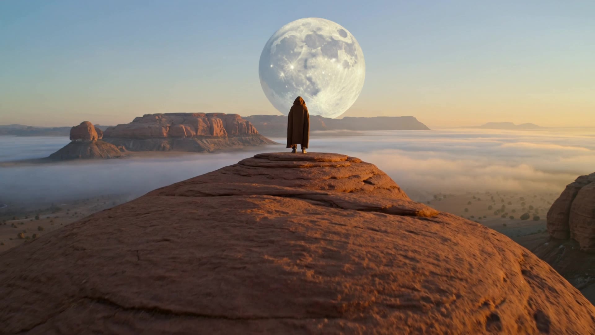 A lone traveler on a red desert ridge beneath a huge moon