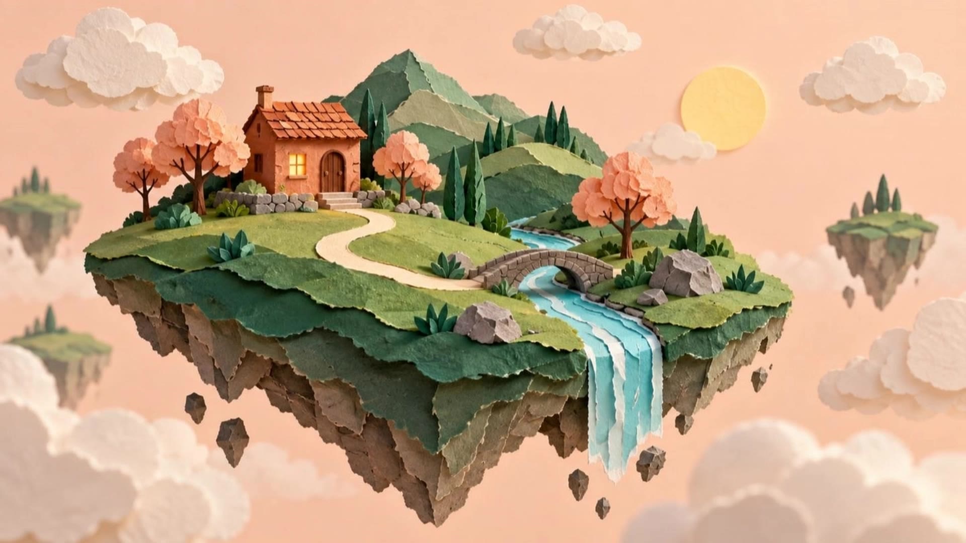 Original cut-paper cottage, layered green hills and a turquoise stream