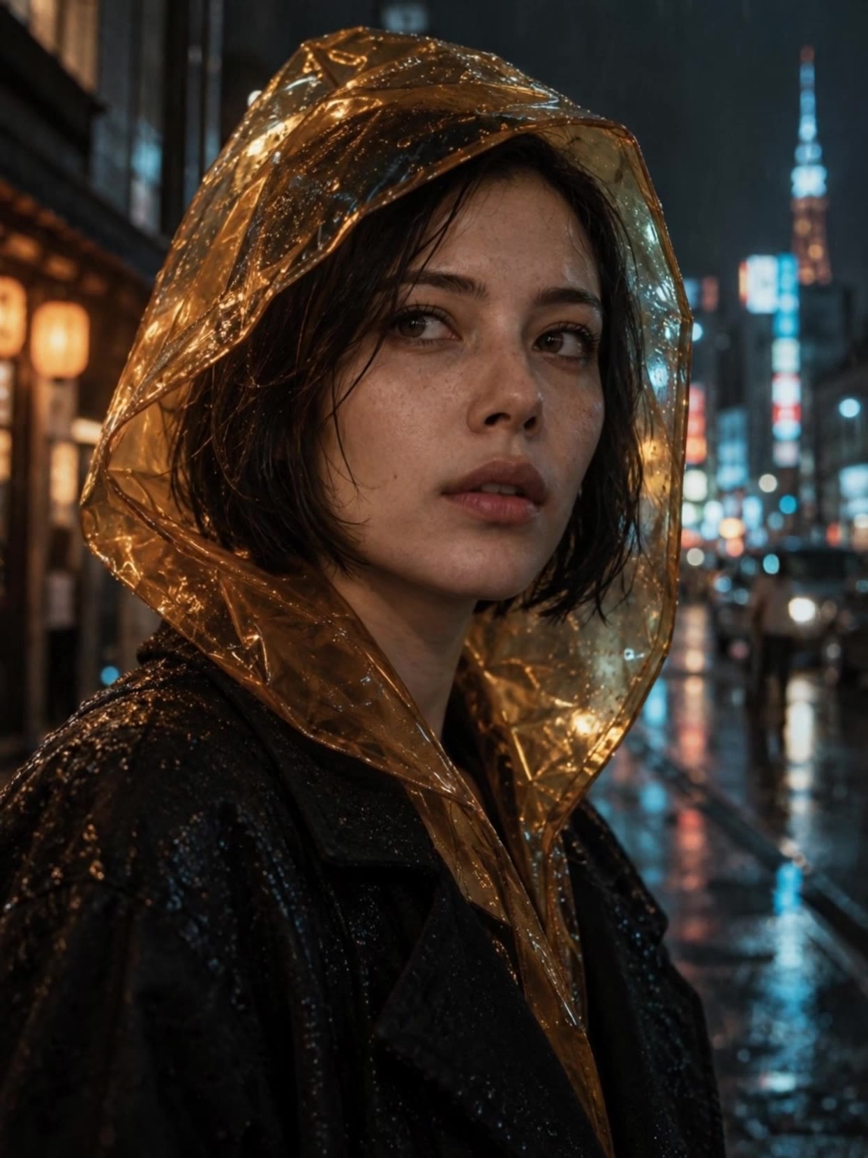 Fictional adult woman in a translucent amber rain hood at night