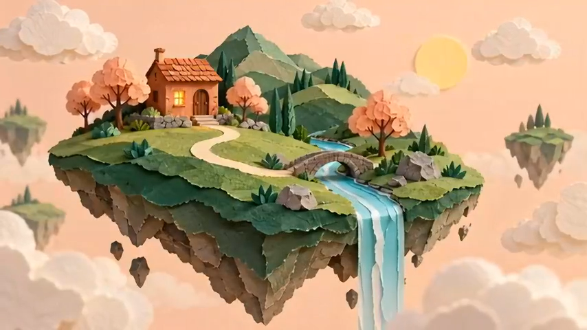 原创纸艺浮岛插画，包含小屋、石桥与青绿色瀑布