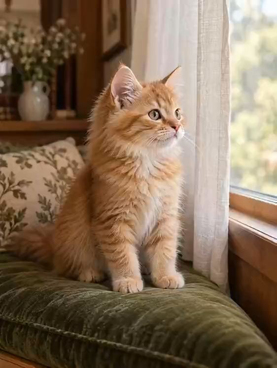 姜黄色猫咪坐在阳光窗边的绿色座垫上