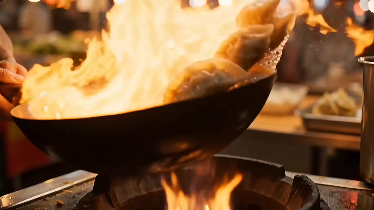 灯笼夜市里，黑色炒锅中的饺子与窜起的火焰