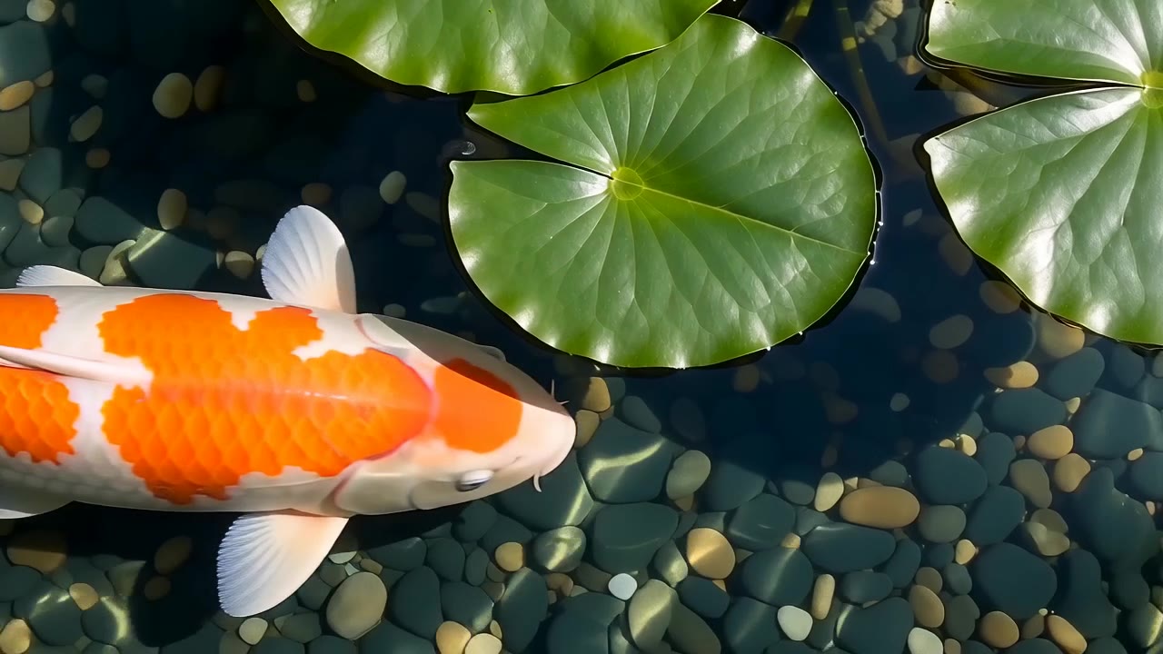 俯视：一条橙白锦鲤在卵石与荷叶间游过