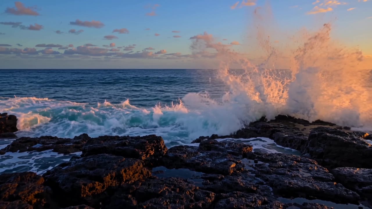 Waves crashing against black volcanic rocks at dusk with bright spray